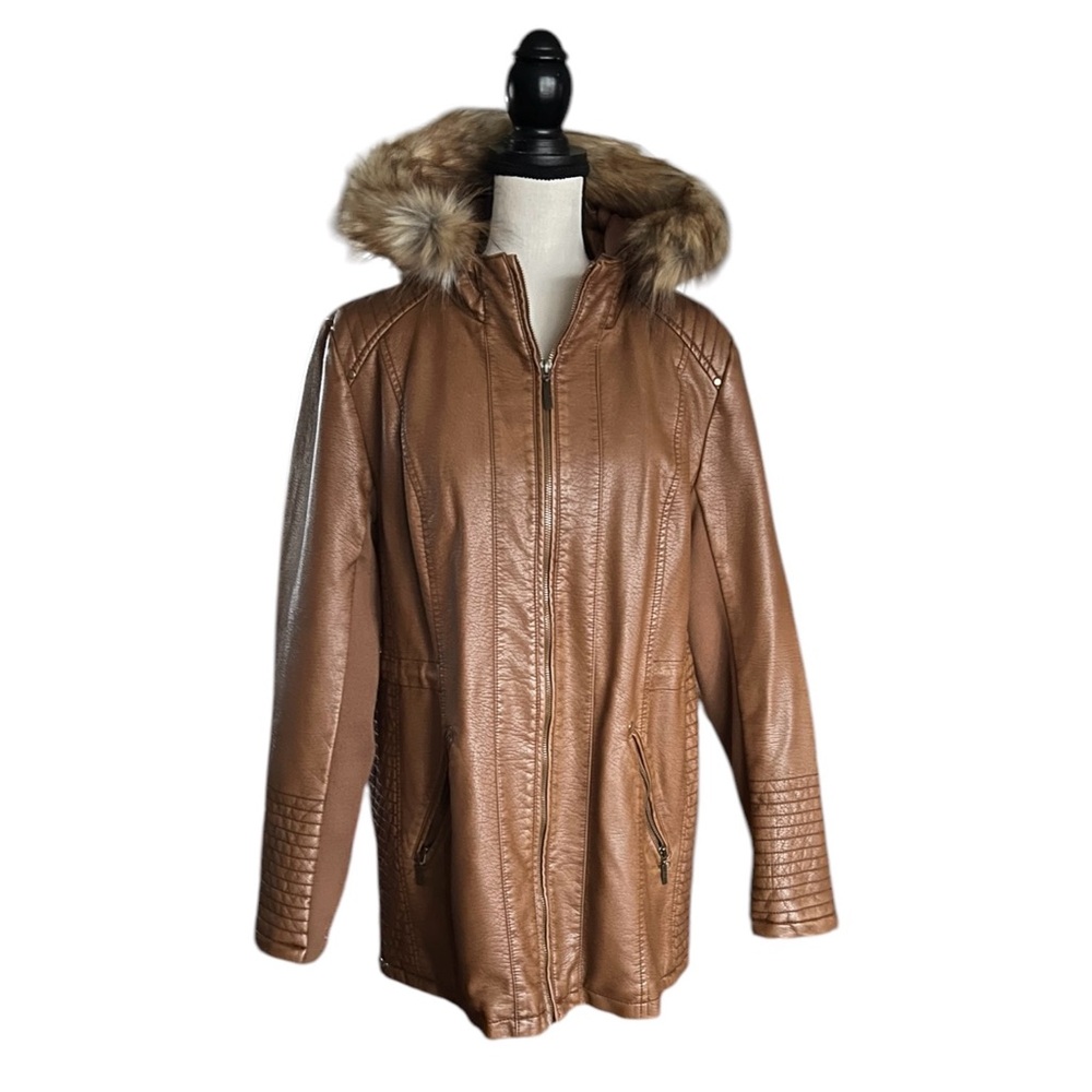 MoKa Santa Fe Apparel hooded Anorak faux leather zipper jacket. Size L